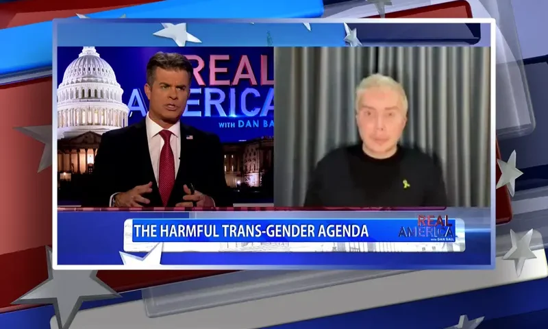 Video still from Real America on One America News Network showing a split screen of the host on the left side, and on the right side is the guest, Oli London.
