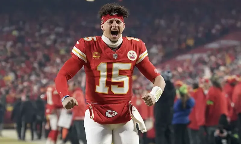 Kansas City Chiefs quarterback Patrick Mahomes (15) reacts before the AFC Championship game against the Buffalo Bills at GEHA Field at Arrowhead Stadium. Mandatory Credit: Denny Medley-Imagn Images