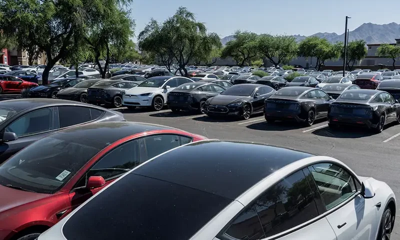 Tesla electric vehicles are parked in a storage lot outside a disused movie theatre in Scottsdale, Arizona, U.S., June 11, 2024. REUTERS/Go Nakamura/File Photo
