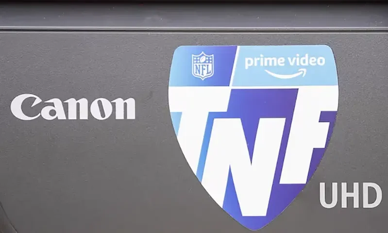 Logo for Amazon Prime Thursday Night Football on television camera pictured at GEHA Field at Arrowhead Stadium. Mandatory Credit: Denny Medley-USA TODAY Sports/File photo