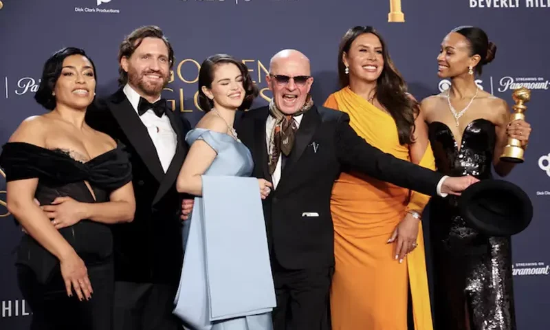 Adriana Paz, Edgar Ramirez, Selena Gomez, Jacques Audiard, Karla Sofia Gascon, and Zoe Saldana, winners of the Best Motion Picture - Musical or Comedy award for "Emilia Perez," pose at the 82nd Golden Globe Awards in Beverly Hills, California, U.S., January 5, 2025. REUTERS/Mario Anzuoni/File Photo
