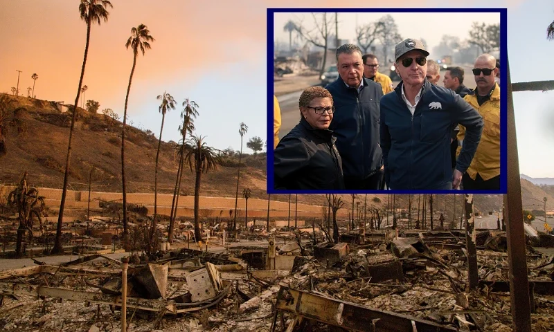(L-Overlay) Burned palm trees and debris cover the area in Southern California on January 10, 2025. The California wildfires have collectively scorched nearly 38,000 acres, with Governor Gavin Newsom describing them as among the most severe in U.S. history, and damages projected to exceed $135 billion. (Photo by Sahab Zaribaf / Middle East Images / Middle East Images via AFP) (Photo by SAHAB ZARIBAF/Middle East Images/AFP via Getty Images) / (R) LOS ANGELES, CALIFORNIA - JANUARY 8: California Governor Gavin Newsom and Los Angeles Mayor Karen Bass tour the downtown business district of Pacific Palisades as the Palisades Fire continues to burn on January 8, 2025 in Los Angeles, California. Fueled by intense Santa Ana Winds, the Palisades Fire has grown to over 2,900 acres and 30,000 people have been ordered to evacuate while a second major fire continues to burn near Eaton Canyon in Altadena. (Photo by Eric Thayer/Getty Images)