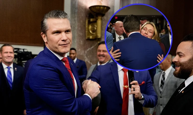 (L) WASHINGTON, DC - JANUARY 14: U.S. President-elect Donald Trump's nominee for Secretary of Defense Pete Hegseth (C), accompanied by former Senator Norm Coleman (R-MN) (L), and Rep. Michael Waltz (R-FL) (2nd-L), greets supporters as he arrives for a Senate Armed Services confirmation hearing on Capitol Hill on January 14, 2025 in Washington, DC. Hegseth, an Army veteran and the former host of "FOX & Friends Weekend" on FOX News will be the first of the incoming Trump administration's nominees to face questions from Senators. (Photo by Andrew Harnik/Getty Images) / (R) Pete Hegseth, US President-elect Donald Trump's nominee for Defense Secretary, hugs his wife Jennifer Rauchet at the conclusion of his confirmation hearing before the Senate Armed Services Committee on Capitol Hill on January 14, 2025 in Washington, DC. (Photo by ALLISON ROBBERT / AFP) (Photo by ALLISON ROBBERT/AFP via Getty Images)