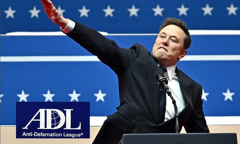 (L) BEVERLY HILLS, CA - NOVEMBER 07: Abraham Foxman speaks during as he is honored by the Anti-Defamation League (ADL) 2014 Annual Meeting at The Beverly Hilton November 07, 2014 in Beverly Hills, California. (Photo by Kevork Djansezian/Getty Images) / (R) TOPSHOT - Tesla and SpaceX CEO Elon Musk gestures as he speaks during the inaugural parade inside Capitol One Arena, in Washington, DC, on January 20, 2025. (Photo by ANGELA WEISS / AFP) (Photo by ANGELA WEISS/AFP via Getty Images)