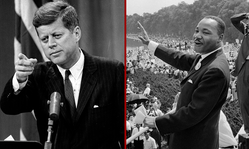 (L) American president John F Kennedy making a point during a press conference in the new State Department Auditorium in Washington. Original Publication: People Disc - HU0135 (Photo by Keystone/Getty Images) / (R) TOPSHOT - US civil rights leader Martin Luther King (C) waves to supporters 28 August 1963 on the Mall in Washington DC (Washington Monument in background) during the "March on Washington", where King delivered his famous "I Have a Dream" speech, which mobilized supporters of desegregation and prompted the Civil Rights Act of 1964. King said the march was "the greatest demonstration of freedom in the history of the United States." Martin Luther King was assassinated on 04 April 1968 in Memphis, Tennessee. James Earl Ray confessed to shooting King and was sentenced to 99 years in prison. King's killing sent shock waves through American society at the time, and is still regarded as a landmark event in recent US history. AFP PHOTO (Photo by AFP) (Photo by -/AFP via Getty Images)