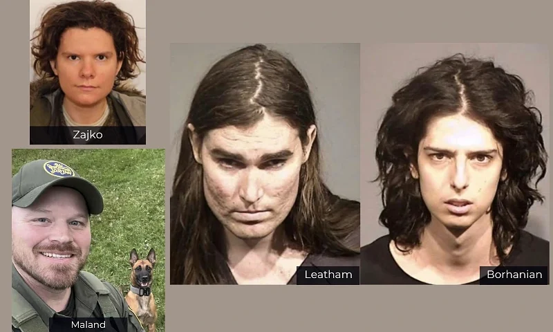 (L-Top) Michelle Zajko, 32. / (L-Bottom) U.S. Border Patrol agent David Maland, 44 / (R-Left side) Alexander “Somni” Leatham. (R-Right side) Amir “Emma” Borhanian. (Photo via: Solano County District Attorney's Office)