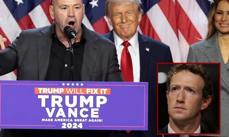 (L) WEST PALM BEACH, FLORIDA - NOVEMBER 06: CEO of the Ultimate Fighting Championship Dana White speaks during an election night event for Republican presidential nominee, former U.S. President Donald Trump at the Palm Beach Convention Center on November 06, 2024 in West Palm Beach, Florida. Americans cast their ballots today in the presidential race between Republican nominee former President Donald Trump and Vice President Kamala Harris, as well as multiple state elections that will determine the balance of power in Congress. (Photo by Win McNamee/Getty Images) / (R) WASHINGTON, DC - JANUARY 31: Mark Zuckerberg, CEO of Meta testifies before the Senate Judiciary Committee at the Dirksen Senate Office Building on January 31, 2024 in Washington, DC. The committee heard testimony from the heads of the largest tech firms on the dangers of child sexual exploitation on social media. (Photo by Alex Wong/Getty Images)