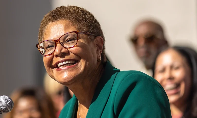Los Angeles Mayor-elect Karen Bass addresses a news conference after her L.A. mayoral election win on November 17, 2022 in Los Angeles, California. Congressmember Karen Bass ran a close race against billionaire businessman Rick Caruso. (Photo by David McNew/Getty Images)