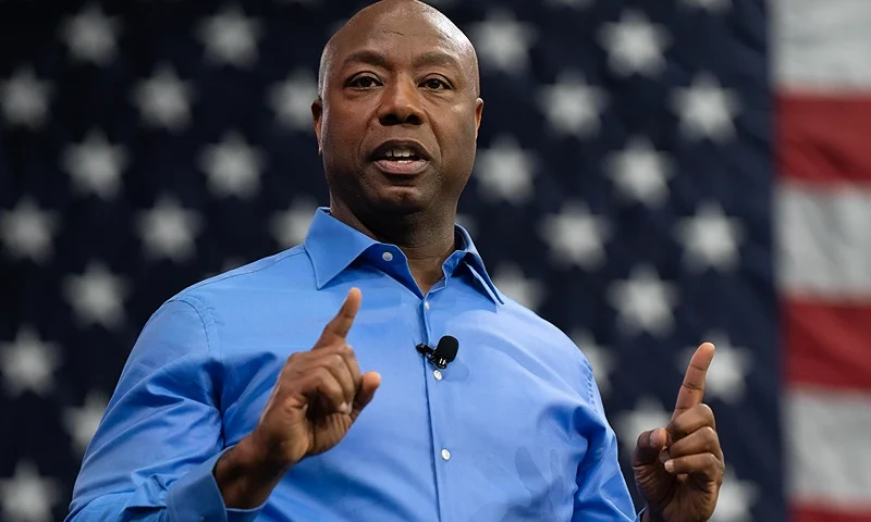 NORTH CHARLESTON, SOUTH CAROLINA - MAY 22: U.S. Senator Tim Scott (R-SC) announces his run for the 2024 Republican presidential nomination at a campaign event on May 22, 2023 in North Charleston, South Carolina. Scott, who is the ranking member of the Senate Banking, Housing, and Urban Affairs Committee, joins 5 other Republicans currently running in the 2024 Presidential race. (Photo by Allison Joyce/Getty Images)