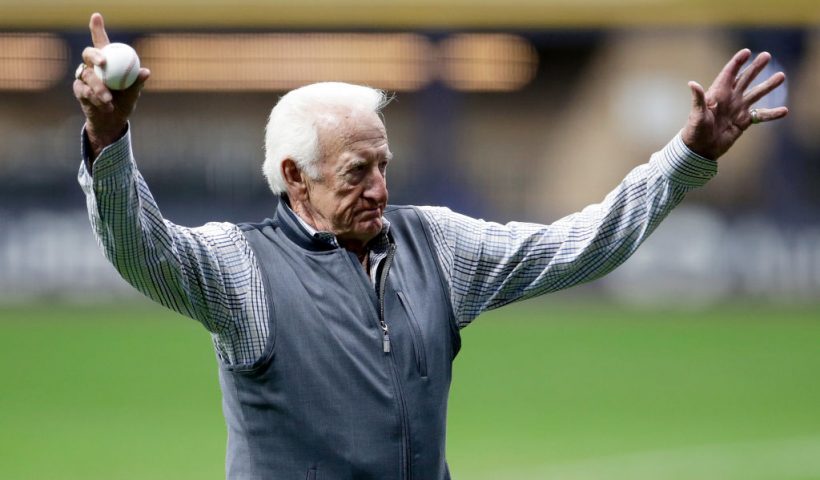 MILWAUKEE, WISCONSIN - SEPTEMBER 25: Bob Uecker is honored for 50 years of broadcasting before the game at American Family Field on September 25, 2021 in Milwaukee, Wisconsin. (Photo by John Fisher/Getty Images)