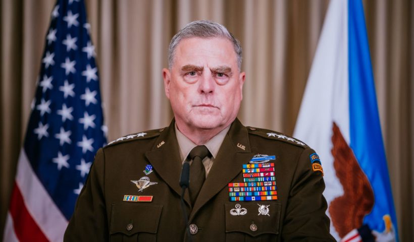 RAMSTEIN-MIESENBACH, GERMANY - SEPTEMBER 08: General Mark Milley attends a press conference after a meeting of the Ukraine Defence Contact Group at the U.S. military's Ramstein air base on September 08, 2022 in Ramstein-Miesenbach, Germany. The Ukraine Defence Contact Group is a U.S.-led effort to bring together defense leaders from dozens of countries across the globe in order to facilitate military support for Ukraine in its ongoing efforts in fighting Russia's military invasion. (Photo by Thomas Niedermueller/Getty Images)