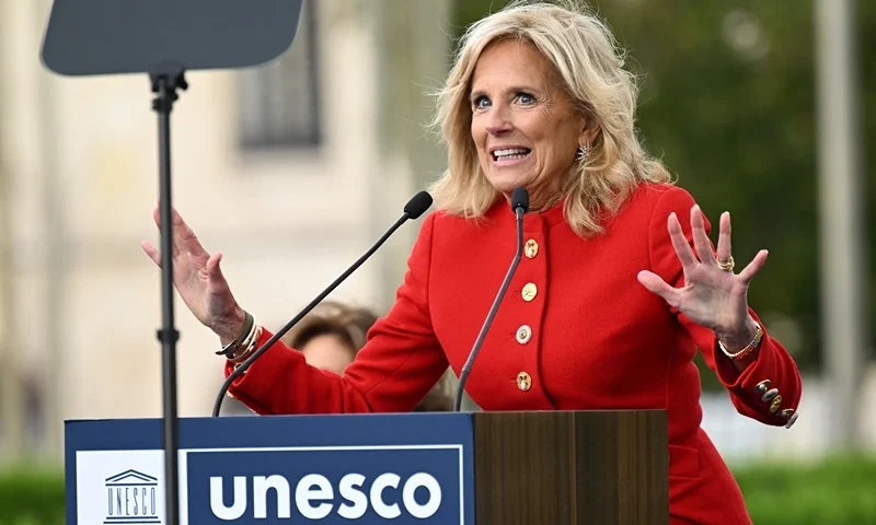 US First Lady Jill Biden speaks during a flag raising ceremony for the return of the United States to UNESCO after an over half decade absence at the UNESCO headquarters in Paris, on July 25, 2023. Jill Biden met French first lady earlier at the Elysee Palace and will head to the D-Day cemeteries in Normandy on July 26, 2023. (Photo by Bertrand GUAY / POOL / AFP) (Photo by BERTRAND GUAY/POOL/AFP via Getty Images)