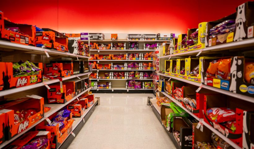 AUSTIN, TEXAS - OCTOBER 24: Halloween candy is seen on shelves at a Target store on October 24, 2023 in Austin, Texas. Halloween candy prices have risen 13% from the previous year with the increase being attributed to a warmer, less humid climate in cocoa-producing regions and the rising cost of ingredients impacted by inflation. (Photo by Brandon Bell/Getty Images)