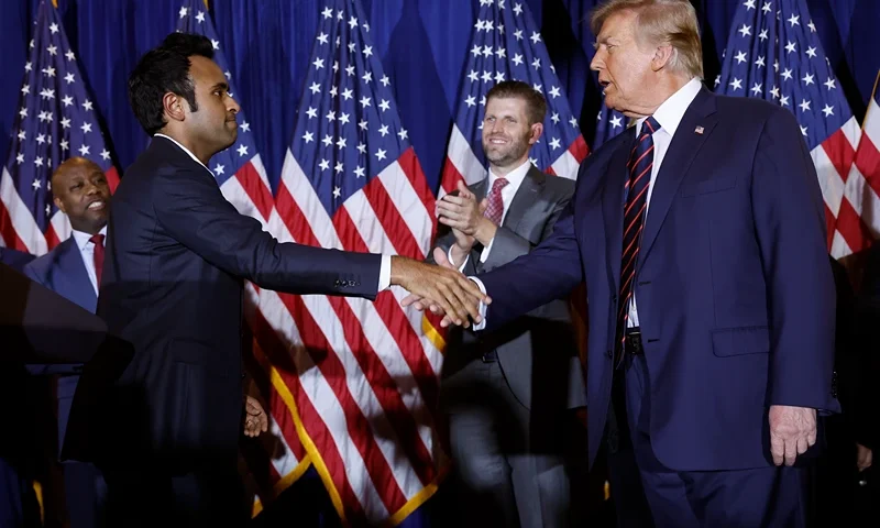 NASHUA, NEW HAMPSHIRE - JANUARY 23: Republican presidential candidate and former U.S. President Donald Trump (R) shakes hands with former candidate Vivek Ramaswamy during a primary night party at the Sheraton on January 23, 2024 in Nashua, New Hampshire. New Hampshire voters cast their ballots in their state’s primary election today, with former President Donald Trump winning the primary, finishing ahead of former UN Ambassador Nikki Haley. (Photo by Chip Somodevilla/Getty Images)