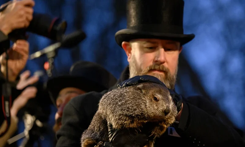 PUNXSUTAWNEY, PA - FEBRUARY 2: Groundhog handler AJ Dereume holds Punxsutawney Phil after he did not see his shadow predicting an early Spring during the 138th annual Groundhog Day festivities on Friday February 2, 2024 in Punxsutawney, Pennsylvania. Groundhog Day is a popular tradition in the United States and Canada. Over 40,000 people spent a night of revelry awaiting the sunrise and the groundhog's exit from his winter den. If Punxsutawney Phil sees his shadow he regards it as an omen of six more weeks of bad weather and returns to his den. Early spring arrives if he does not see his shadow, causing Phil to remain above ground. (Photo by Jeff Swensen/Getty Images)