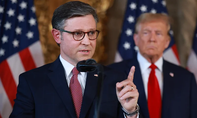PALM BEACH, FLORIDA - APRIL 12: Republican presidential candidate former President Donald Trump listens as Speaker of the House Mike Johnson (R-LA) speaks during a press conference at Mr. Trump's Mar-a-Lago estate on April 12, 2024, in Palm Beach, Florida. They spoke about "election integrity," which has been one of the former president's top issues. (Photo by Joe Raedle/Getty Images)