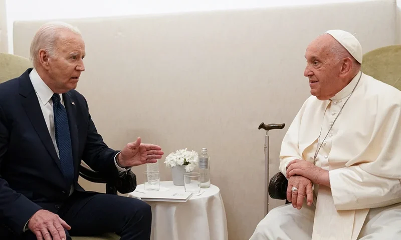 U.S. President Joe Biden meets with Pope Francis on the second day of the G7 summit at the Borgo Egnazia resort, in Savelletri, Puglia, Italy, June 14, 2024. Leaders of the G7 wealthy nations gather in southern Italy this week against the backdrop of global and political turmoil, with boosting support for Ukraine top of the agenda. (Photo by Kevin Lamarque / POOL / AFP) (Photo by KEVIN LAMARQUE/POOL/AFP via Getty Images)
