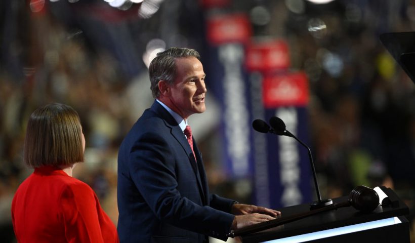 MILWAUKEE, WISCONSIN - JULY 15: Ohio Lt Gov. Jon Husted nominates U.S. Sen. J.D. Vance (R-OH) for the office of Vice President on the first day of the Republican National Convention at the Fiserv Forum on July 15, 2024 in Milwaukee, Wisconsin. Delegates, politicians, and the Republican faithful are in Milwaukee for the annual convention, concluding with former President Donald Trump accepting his party's presidential nomination. The RNC takes place from July 15-18. (Photo by Leon Neal/Getty Images)