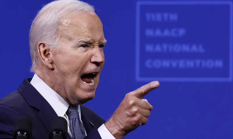 LAS VEGAS, NEVADA - JULY 16: U.S. President Joe Biden speaks at the 115th NAACP National Convention at the Mandalay Bay Convention Center on July 16, 2024 in Las Vegas, Nevada. Biden is returning to the campaign trail delivering remarks at the NAACP convention today, and tomorrow at the UnidosUS Annual Conference during a visit to the battleground state of Nevada. (Photo by Mario Tama/Getty Images)