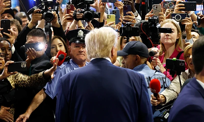 PHILADELPHIA, PENNSYLVANIA - SEPTEMBER 10: (EDITOR'S NOTE: This image was sent with an alternate crop.) Republican presidential nominee, former U.S. President Donald Trump speaks to reporters in the spin room after debating Democratic presidential nominee, U.S. Vice President Kamala Harris, at Pennsylvania Convention Center on September 10, 2024 in Philadelphia, Pennsylvania. After earning the Democratic Party nomination following President Joe Biden's decision to leave the race, Harris faced off with Trump in what may be the only debate of the 2024 race for the White House. (Photo by Kevin Dietsch/Getty Images)