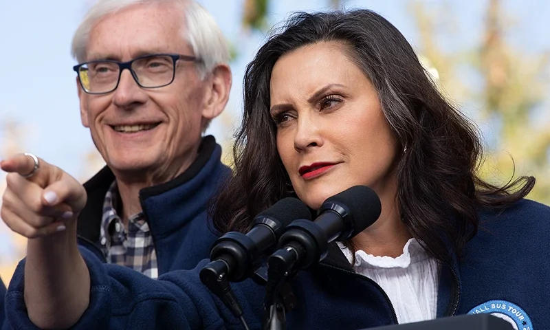 GRAND RAPIDS, MICHIGAN - OCTOBER 18: Michigan Gov. Gretchen Whitmer speaks at a rally before Democratic presidential nominee Vice President Kamala Harris takes to the stage to speak on October 18, 2024 in Grand Rapids, Michigan. Harris will also be campaigning in Lansing, Oakland County, and Detroit over the next two days as Michigan is considered a key battleground state holding 14 electoral votes. (Photo by Bill Pugliano/Getty Images)