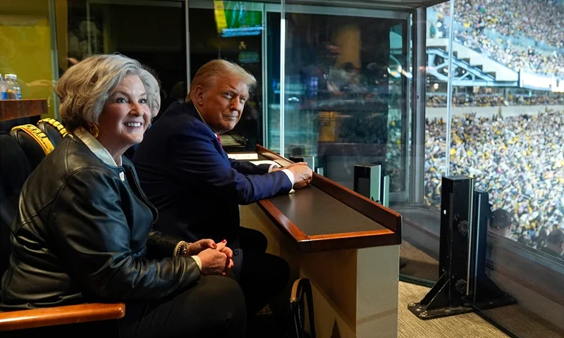 LATROBE, PENNSYLVANIA - OCTOBER 20: Republican presidential nominee, former President Donald Trump attends a game between the NFL Pittsburgh Steelers and the New York Jets with senior campaign consultant Susie Wiles on October 20, 2024 in Latrobe, Pennsylvania. Trump and Democratic presidential nominee, Vice President Kamala Harris continue to campaign in battleground swing states ahead of the November 5 election. (Photo by Evan Vucci-Pool/Getty Images)