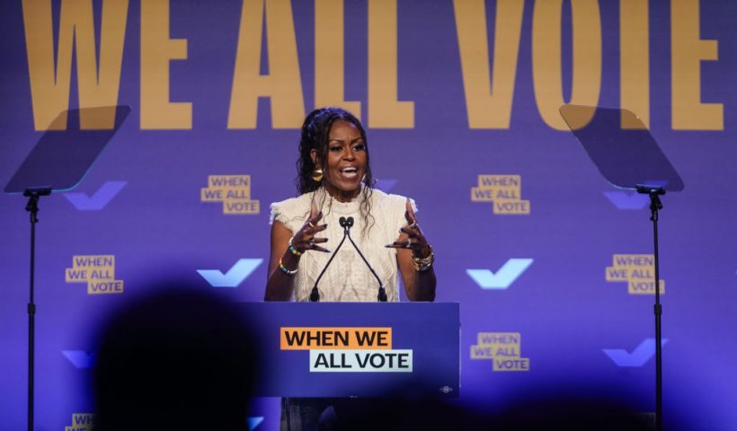 COLLEGE PARK, GEORGIA - OCTOBER 29: Former first lady Michelle Obama speaks at a When We All Vote rally on October 29, 2024 in College Park, Georgia. With one week until Election Day, top surrogates for Kamala Harris including the Obamas continue to campaign on her behalf in battleground states. (Photo by Elijah Nouvelage/Getty Images)