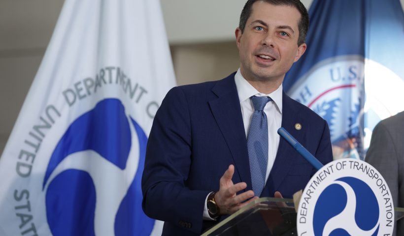 U.S. Secretary of Transportation Pete Buttigieg speaks to questions during a news conference at Ronald Reagan Washington National Airport November 21, 2024 in Arlington, Virginia. Transportation officials held news conference to discuss the busy Thanksgiving Air Travel. (Photo by Alex Wong/Getty Images)
