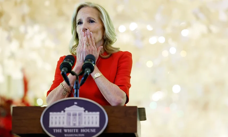 WASHINGTON, DC - DECEMBER 02: U.S. First lady Jill Biden speaks during a reception in the East Room of the White House on December 02, 2024 in Washington, DC. The event was attended by volunteers who helped decorate the White House for the holidays. (Photo by Anna Moneymaker/Getty Images)