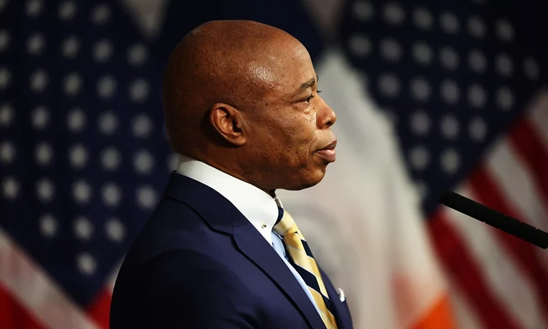 NEW YORK, NEW YORK - DECEMBER 12: New York City Mayor Eric Adams speaks during a press conference at City Hall on December 12, 2024 in New York City. Mayor Adams spoke to members of the media after meeting with President-elect Donald Trump's incoming "border czar" Tom Homan. The Mayor spoke of the planned closing of the Floyd Bennett Field migrant shelter, which sits on federal land, and of the city's cooperation with Trump's administration. The meeting comes as Homan stated that the biggest mass deportation program in U.S. history will begin in Chicago after Trump takes office. (Photo by Michael M. Santiago/Getty Images)