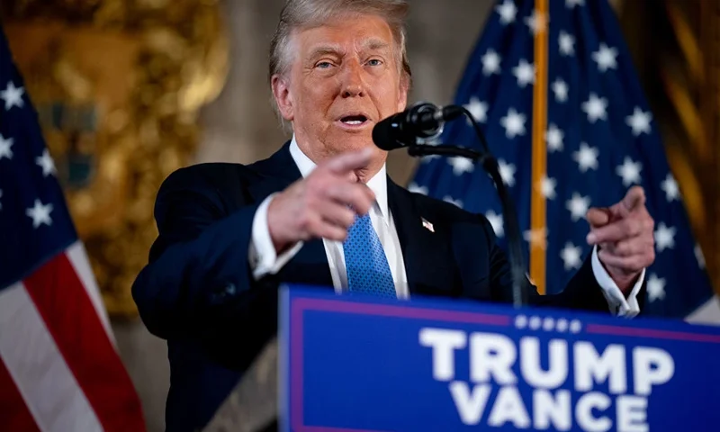 PALM BEACH, FLORIDA - DECEMBER 16: U.S. President-elect Donald Trump speaks at a news conference at Trump's Mar-a-Lago resort on December 16, 2024 in Palm Beach, Florida. In a news conference that went over an hour, Trump announced that SoftBank will invest over $100 billion in projects in the United States including 100,000 artificial intelligence related jobs and then took questions on Syria, Israel, Ukraine, the economy, cabinet picks, and many other topics. (Photo by Andrew Harnik/Getty Images)