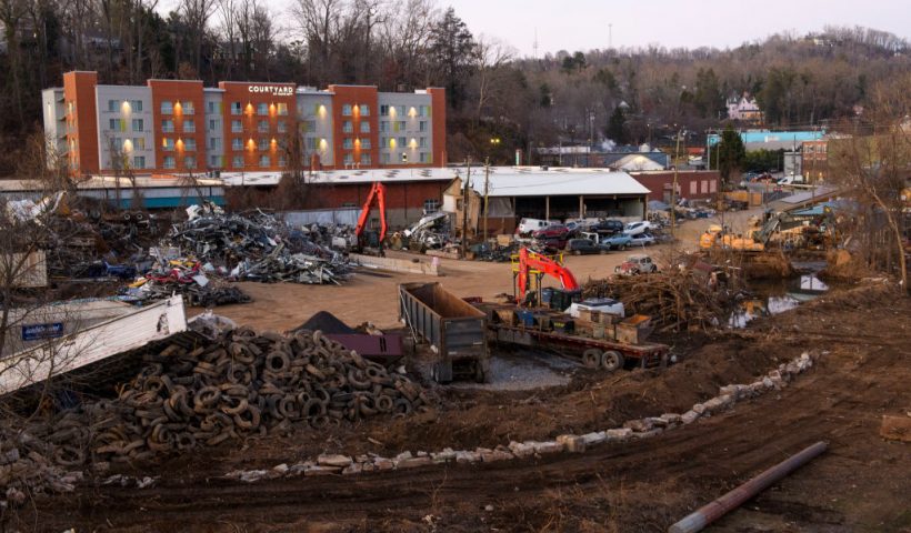 ASHEVILLE, NORTH CAROLINA - DECEMBER 23: Debris from Hurricane Helene is seen on December 23, 2024 in the Biltmore Village across from the Biltmore Estate in Asheville, North Carolina. (Photo by Melissa Sue Gerrits/Getty Images)