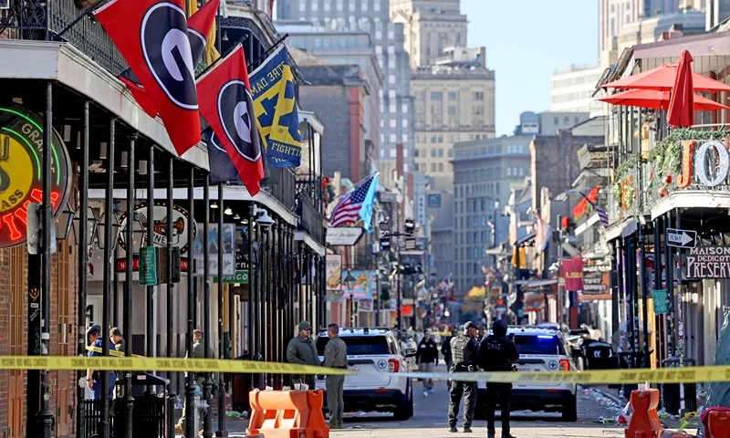 NEW ORLEANS, LOUISIANA - JANUARY 1: Law enforcement officers from multiple agencies work the scene on Bourbon Street after at least ten people were killed when a person allegedly drove into the crowd in the early morning hours of New Year's Day on January 1, 2025 in New Orleans, Louisiana. Dozens more were injured after a suspect in a rented pickup truck allegedly drove around barricades and through a crowd of New Year's revelers on Bourbon Street. The suspect then got out of the car, opened fire on police officers, and was subsequently killed by law enforcement. (Photo by Michael DeMocker/Getty Images)