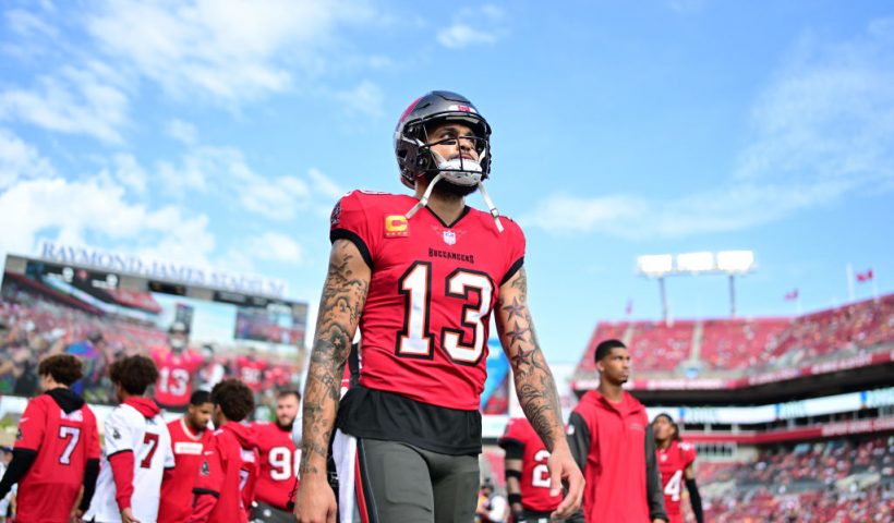 TAMPA, FLORIDA - DECEMBER 29: Mike Evans #13 of the Tampa Bay Buccaneers looks on before the game against the Carolina Panthers at Raymond James Stadium on December 29, 2024 in Tampa, Florida. (Photo by Julio Aguilar/Getty Images)