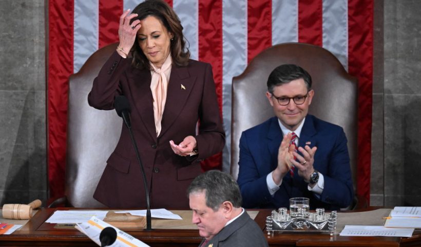 (L-R) US Vice President Kamala Harris and Speaker of the House Mike Johnson preside over a joint session of Congress to certify the results of the 2024 Presidential election, inside the House Chamber at the US Capitol on January 6, 2025, in Washington, DC. Exactly four years after Donald Trump's supporters stormed the US Capitol, seeking to overturn his election loss, lawmakers meet today to certify his 2024 Presidential win, cementing the Republican's comeback from political ignominy. (Photo by SAUL LOEB / AFP) (Photo by SAUL LOEB/AFP via Getty Images)