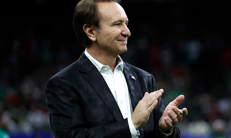 New Orleans Mayor Latoya Cantrell and Louisiana Governor Jeff Landry are seen on the field prior to the 91st Allstate Sugar Bowl between the Georgia Bulldogs and the Notre Dame Fighting Irish at Caesars Superdome on January 02, 2025 in New Orleans, Louisiana. (Photo by Sean Gardner/Getty Images)