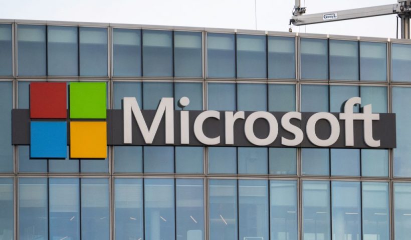 This photograph shows a view of Microsoft's logo on the company's French headquarters in Issy-les-Moulineaux on the outskirts of Paris on January 6, 2025. (Photo by Martin LELIEVRE / AFP) (Photo by MARTIN LELIEVRE/AFP via Getty Images)