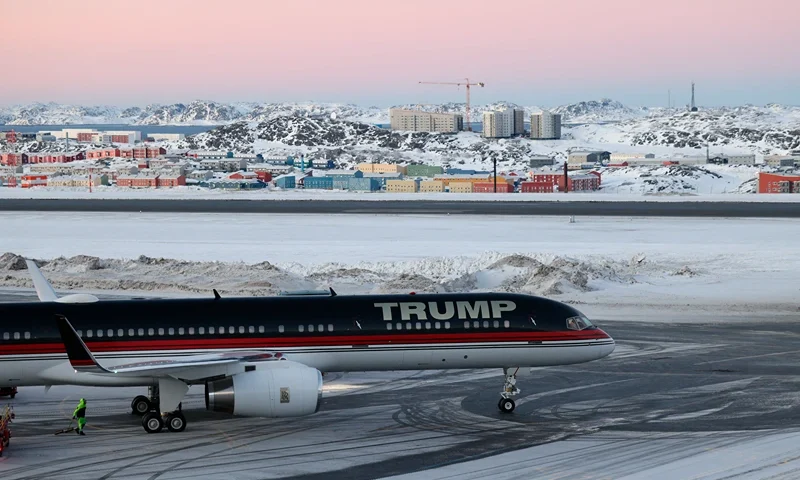 An aircraft alledgedly carrying US businessman Donald Trump Jr. arrives in Nuuk, Greenland on January 7, 2025. Donald Trump Jr's plane landed in Nuuk, Greenland, where he is making a short private visit, weeks after his father, US President-elect Donald Trump, suggested Washington annex the autonomous Danish territory. (Photo by Emil STACH / Ritzau Scanpix / AFP) / Denmark OUT (Photo by EMIL STACH/Ritzau Scanpix/AFP via Getty Images)
