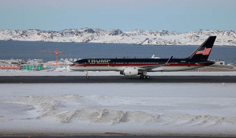 TOPSHOT - An aircraft alledgedly carrying US businessman Donald Trump Jr. arrives in Nuuk, Greenland on January 7, 2025. Donald Trump Jr made a private visit to Greenland, a Danish autonomous territory coveted by Trump Sr and which hopes to one day be independent but remains dependent on Copenhagen for now. (Photo by Emil Stach / Ritzau Scanpix / AFP) / Denmark OUT (Photo by EMIL STACH/Ritzau Scanpix/AFP via Getty Images)