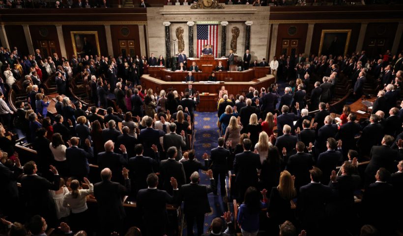 WASHINGTON, DC - JANUARY 03: U.S. Representatives of the 119th Congress are sworn in during the first day of session in the House Chamber of the U.S. Capitol Building on January 03, 2025 in Washington, DC. Rep. Mike Johnson (R-LA) retained his Speakership in the face of opposition within his own party as the 119th Congress holds its first session to vote for a new Speaker of the House. (Photo by Chip Somodevilla/Getty Images)