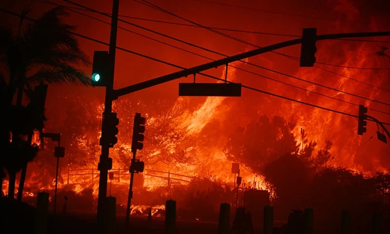 TOPSHOT - Flames overtake the intersection of Temescal Canyon and Pacific Coast Highway Fire at the Palisades Fire in Pacific Palisades California on January 7, 2025. A fast-moving wildfire in a Los Angeles suburb burned buildings and sparked panic, with thousands ordered to evacuate January 7, 2025 as "life threatening" winds whipped the region. Frightened residents abandoned their cars on one of the only roads in and out of the upscale Pacific Palisades area, fleeing on foot from the 770-acre (310-hectare) blaze engulfing an area crammed with multi-million dollar homes in the Santa Monica Mountains. (Photo by Robyn Beck / AFP) (Photo by ROBYN BECK/AFP via Getty Images)