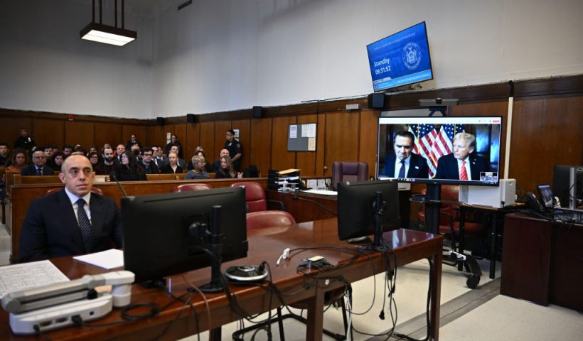 US President-elect Donald Trump appears remotely for a sentencing hearing in front of New York State Judge Juan Merchan in the criminal case in which he was convicted in 2024 on charges involving hush money paid to a porn star, at New York Criminal Court in Manhattan in New York City, on January 10, 2025. (Photo by ANGELA WEISS / POOL / AFP) (Photo by ANGELA WEISS/POOL/AFP via Getty Images)