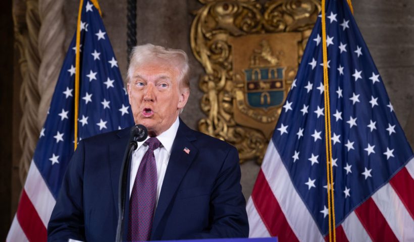 PALM BEACH, FLORIDA - JANUARY 07: U.S. President-elect Donald Trump speaks to members of the media during a press conference at the Mar-a-Lago Club on January 07, 2025 in Palm Beach, Florida. Trump will be sworn in as the 47th president of the United States on January 20, making him the only president other than Grover Cleveland to serve two non-consecutive terms in the office. (Photo by Scott Olson/Getty Images)
