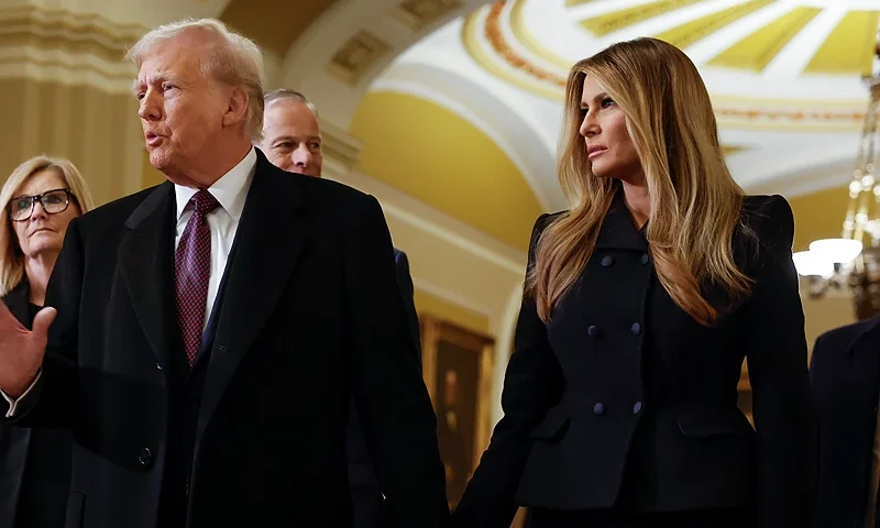 WASHINGTON, DC - JANUARY 08: U.S. President-elect Donald Trump and wife Melania Trump arrive at the U.S. Capitol on January 8, 2025 in Washington, DC. Trump is visiting Capitol Hill to pay his respects at the casket of late former U.S. President Jimmy Carter as he lies in state in the Capitol Rotunda and also to meet with Republican Senate members. (Photo by Anna Moneymaker/Getty Images)