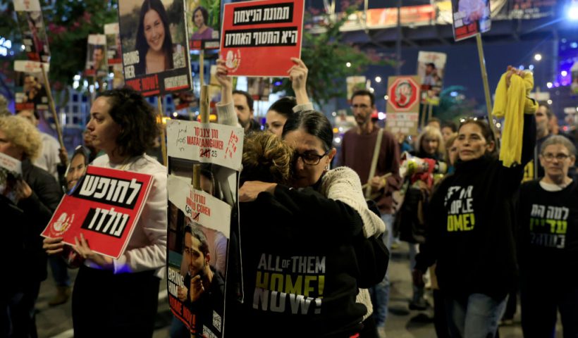 TEL AVIV, ISRAEL - JANUARY 15: People react to the reports of a possible Gaza cease fire and hostage release deal being reached during a rally calling for the return of hostages held in the Gaza Strip on January 15, 2025 in Tel Aviv, Israel. A ceasefire deal between Israel and Hamas was announced tonight that would entail the release of Israeli hostages held in Gaza, according to officials from Hamas, the United States, and other parties. (Photo by Amir Levy/Getty Images)
