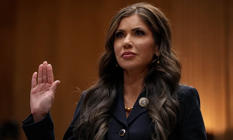 WASHINGTON, DC - JANUARY 17: South Dakota Gov. Kristi Noem, President-elect Donald Trump’s nominee for Secretary of the Department of Homeland Security, is sworn in during her confirmation hearing before the Homeland Security and Governmental Affairs Committee on Capitol Hill on January 17, 2025 in Washington, DC. Noem is expected to face questions about the incoming Trump administration’s plans to crack down on illegal immigration. (Photo by Eric Thayer/Getty Images)