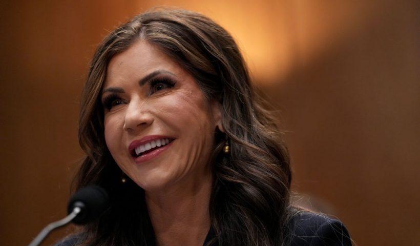 WASHINGTON, DC - JANUARY 17: South Dakota Gov. Kristi Noem, President-elect Donald Trump's nominee for Secretary of the Department of Homeland Security, speaks during her confirmation hearing before the Homeland Security and Governmental Affairs Committee on Capitol Hill on January 17, 2025 in Washington, DC. Noem is expected to face questions about the incoming Trump administration's plans to crack down on illegal immigration. (Photo by Eric Thayer/Getty Images)