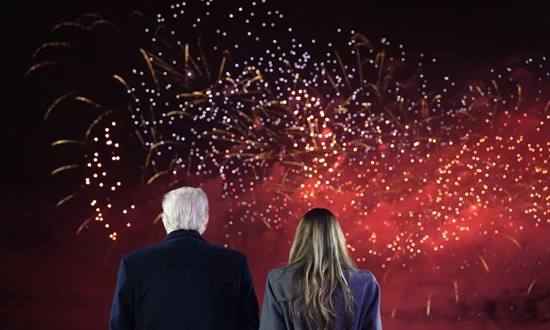 STERLING, VIRGINIA - JANUARY 18: President-elect Donald Trump, Melania Trump and family watch fireworks at Trump National Golf Club on January 18, 2025 in Sterling, Virginia. Trump has arrived in the Washington, DC region ahead of his inauguration ceremony on January 20 which has been moved inside the U.S. Capitol as temperatures are expected to be the coldest in forty years. (Photo by Alex Brandon - Pool/Getty Images)
