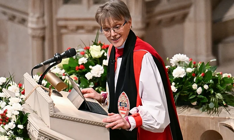 Rt. Rev. Mariann Edgar Budde speaks during the National Prayer Service at the Washington National Cathedral in Washington, DC, on January 21, 2025. (Photo by Jim WATSON / AFP) (Photo by JIM WATSON/AFP via Getty Images)