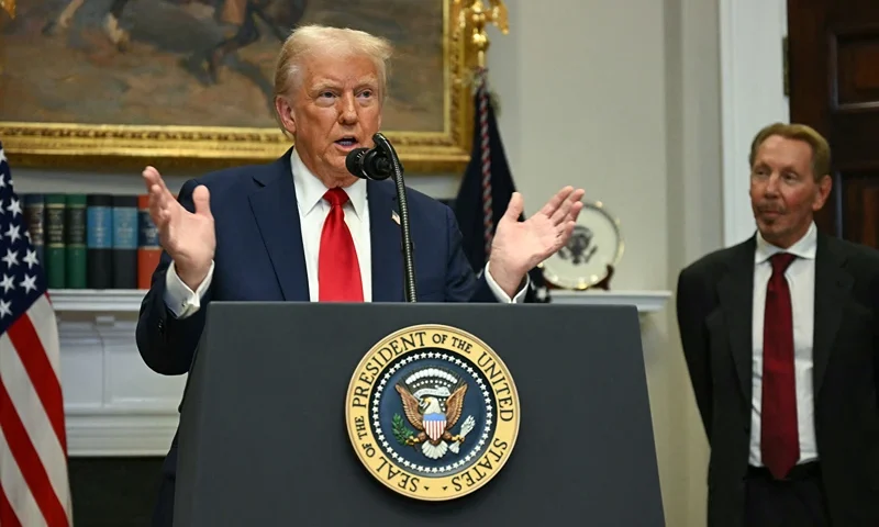 Larry Ellison, Executive Charmain Oracle listens to US President Donald Trump speak in the Roosevelt Room at the White House on January 21, 2025, in Washington, DC. (Photo by Jim WATSON / AFP) (Photo by JIM WATSON/AFP via Getty Images)